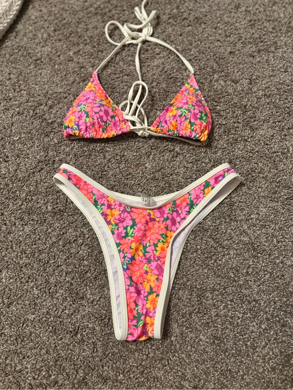 SHEIN Pink Floral Triangle Bikini with White Trim